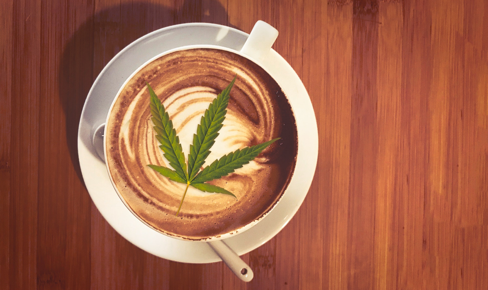 Cannabis leaf on coffee, cbd or thc infused drink